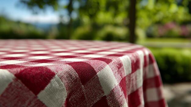A close-up of a red and white checkered tablecloth set outdoors, surrounded by lush greenery, capturing a relaxed summer vibe. photo