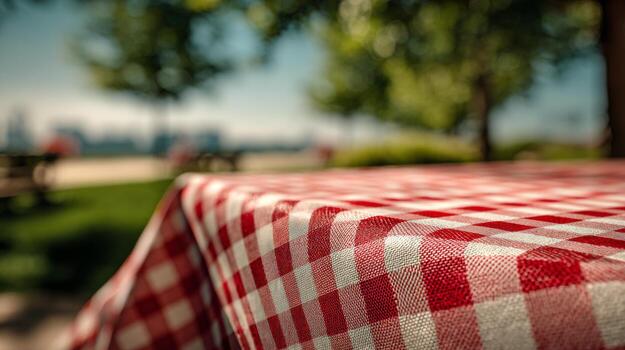 A close-up of a classic red and white checkered picnic tablecloth in a sunny park setting, surrounded by lush greenery. photo