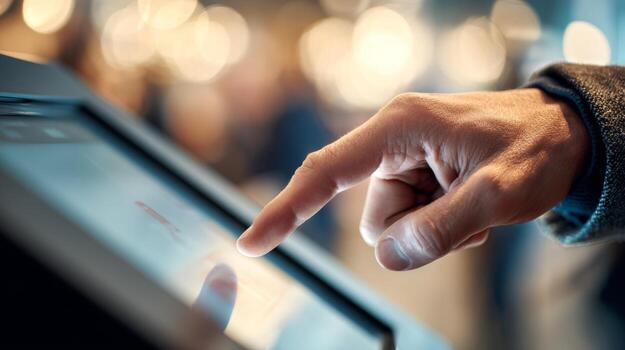 A close-up of a person's hand interacting with a touchscreen device in a modern, softly lit environment. photo