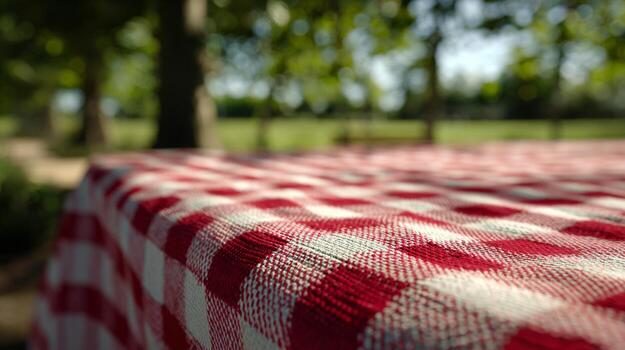 A close-up of a red and white checkered picnic tablecloth in a sunny outdoor setting. photo