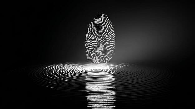 An abstract black and white representation of a fingerprint above rippling water, creating a mesmerizing visual effect. photo