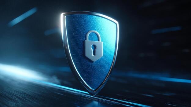 A sleek blue shield with a lock emblem, symbolizing digital security and protection in a modern, tech-inspired setting. photo