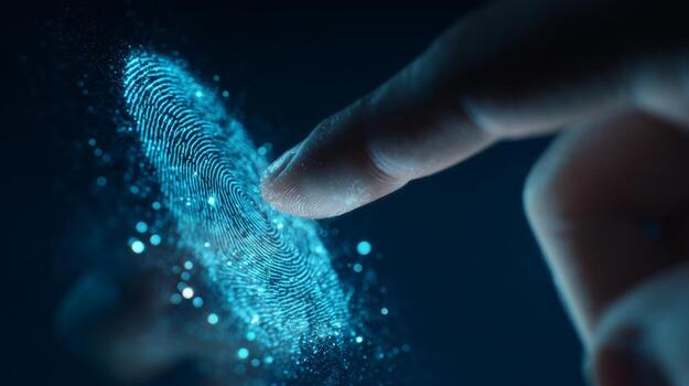 A close-up of a finger gently touching a glowing digital fingerprint, symbolizing security and technology. photo