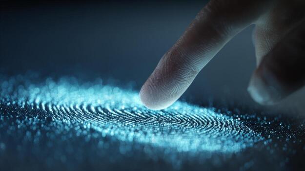 A close-up of a finger touching a glowing fingerprint pattern, showcasing biometric technology and security concepts. photo