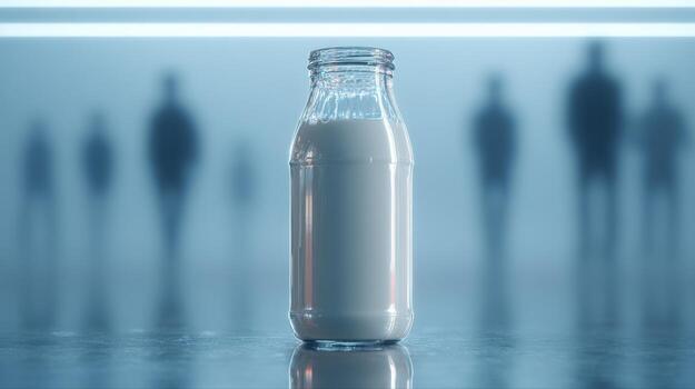 A glass bottle of milk stands prominently against a blurred background of shadowy figures, creating a mysterious atmosphere. photo