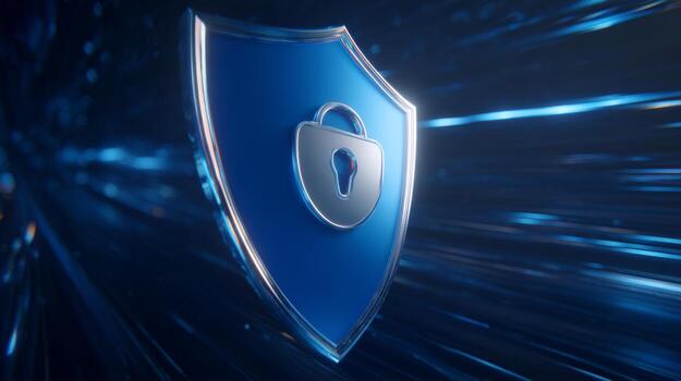 A sleek, modern digital shield symbolizing cybersecurity, surrounded by dynamic blue light streaks. photo