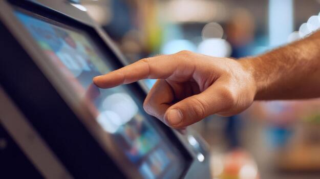 A close-up of a male hand interacting with a touchscreen kiosk, showcasing modern technology in a vibrant, busy environment. photo
