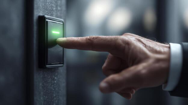 A close-up of a male hand pressing a biometric access control button in a modern environment. photo