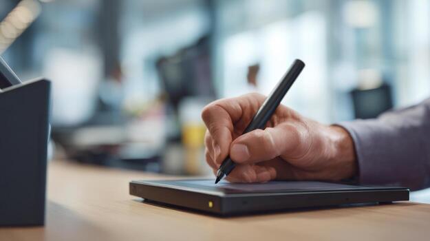 A close-up of a man's hand writing on a digital tablet with a stylus, showcasing creativity and technology in a modern office. photo