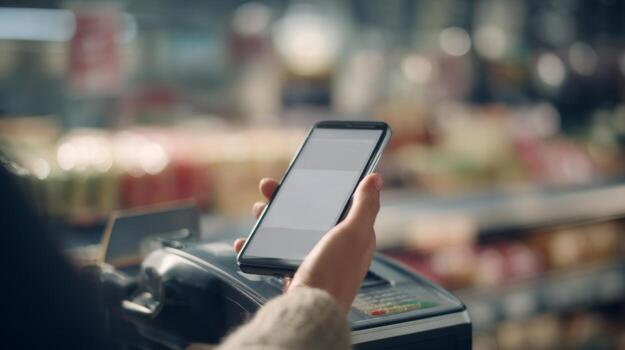 A close-up of a person's hand using a smartphone to pay at a checkout counter in a retail store. photo