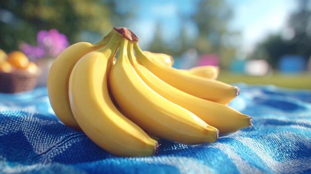 A cluster of ripe yellow bananas resting on a blue patterned cloth in a vibrant outdoor setting. photo