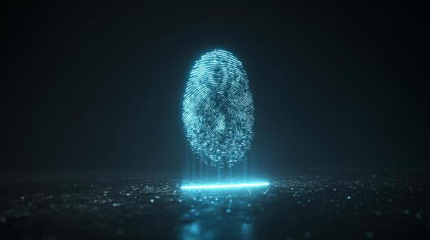 A glowing digital fingerprint illuminated in blue, representing security and identity verification. photo