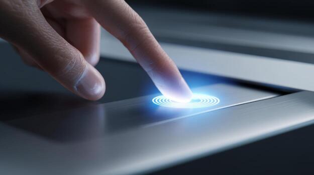A close-up of a finger touching a sleek, glowing touch-sensitive interface, showcasing modern technology. photo