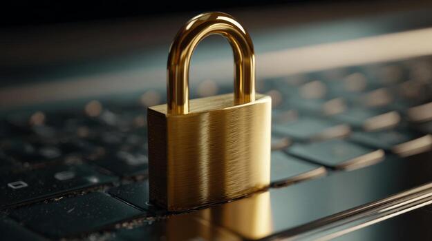 A shiny brass padlock placed on a black keyboard, symbolizing security and protection in digital spaces. photo