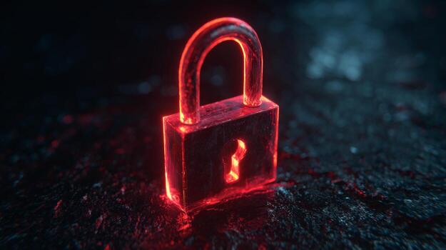 A glowing red padlock symbolizing security and privacy against a dark textured background. photo