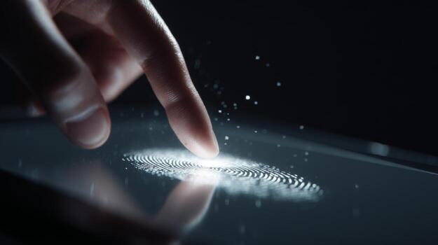 A close-up of a finger gently touching a smartphone screen with a glowing fingerprint pattern, suggesting modern technology and security. photo