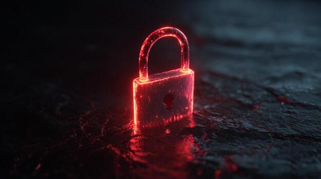 A glowing, red digital padlock stands on a dark surface, symbolizing security and protection in the digital realm. photo