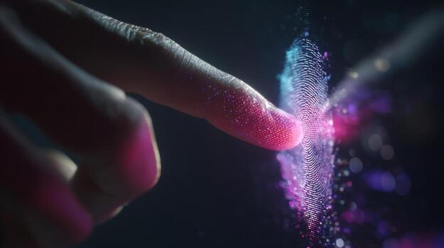 A close-up of a human finger touching a shimmering, digital interface, creating a vibrant display of light and color. photo