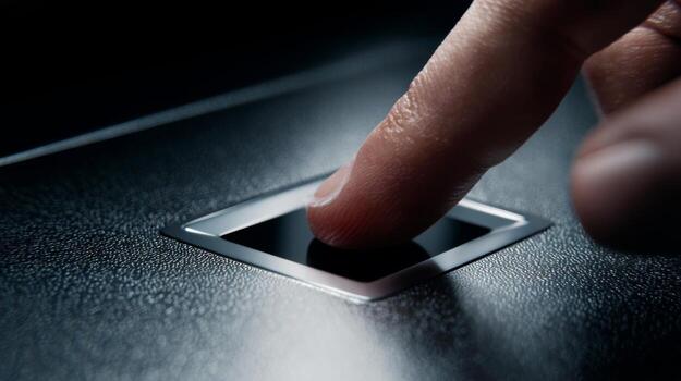 A close-up of a finger about to touch a sleek, modern biometric fingerprint scanner against a dark background. photo