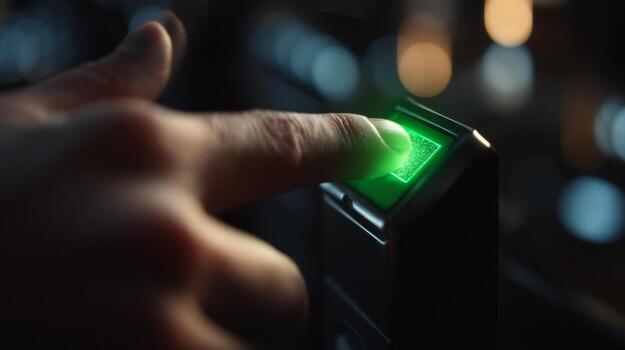 A close-up of a finger pressing a glowing green fingerprint scanner, symbolizing security and technology. photo