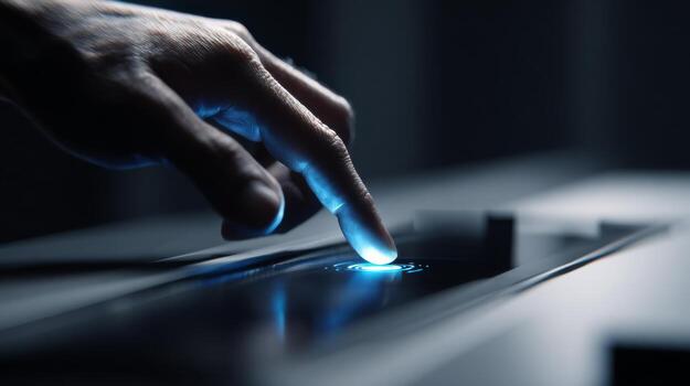 A close-up of a hand interacting with a futuristic touchscreen interface, featuring a glowing blue activation button. photo