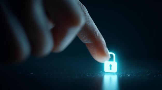 A close-up of a human finger gently touching a glowing unlock symbol, suggesting themes of security and access. photo