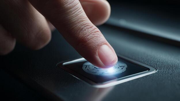 Close-up of a finger pressing a biometric fingerprint scanner, symbolizing modern security technology and user authentication. photo