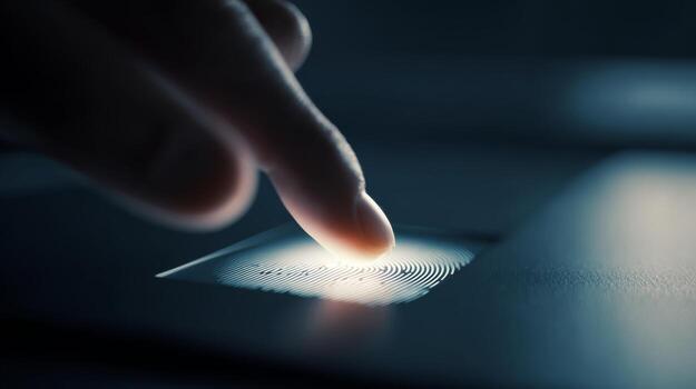 A close-up of a finger pressing a fingerprint scanner, emphasizing modern technology and security. photo