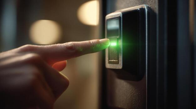 A slender hand pressing a modern biometric fingerprint scanner, illuminated by a soft green light in a sleek, dark setting. photo