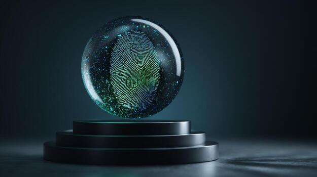 A mesmerizing fingerprint encapsulated in a translucent orb, radiating blue and green hues, highlighting identity and uniqueness. photo