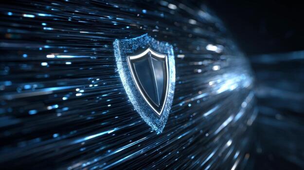 A glowing shield icon surrounded by dynamic blue light streaks, representing security and protection. photo