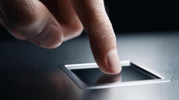 A close-up of a person's finger poised to touch a sleek, modern touch screen interface. photo