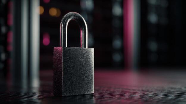 A shiny, metallic padlock stands prominently on a textured surface, surrounded by a soft pink and purple glow. photo