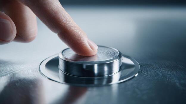 Close-up of a finger pressing a sleek metallic button, symbolizing innovation and technology. photo