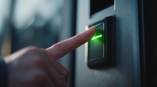 A close-up of a hand pressing a modern fingerprint scanner, illuminated by a green light, highlighting security technology. photo