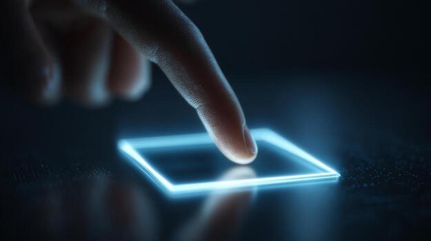 A close-up of a human finger gently touching a glowing interface button in a dark setting. photo