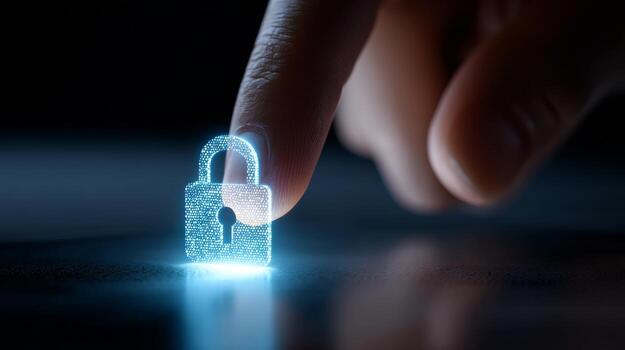 A close-up of a finger touching a holographic lock symbol, symbolizing digital security and online protection. photo