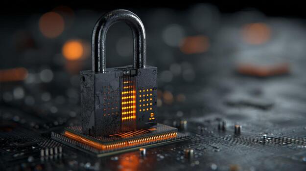 A metallic padlock surrounded by glowing circuits, symbolizing cybersecurity and digital protection. photo
