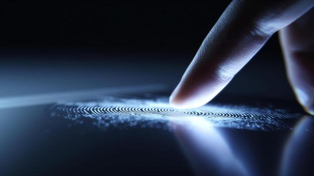 A close-up of a finger pressing on a digital surface, highlighting a fingerprint pattern with a sleek, futuristic glow. photo