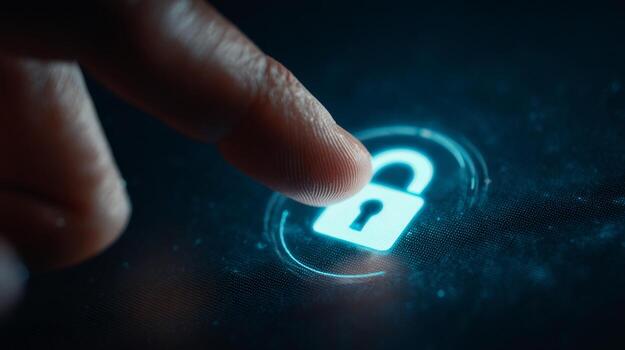 A close-up of a finger pressing a digital lock icon, symbolizing cybersecurity and data protection. photo
