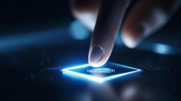 A close-up of a finger touching a glowing biometric sensor, illustrating technology and security concepts. photo