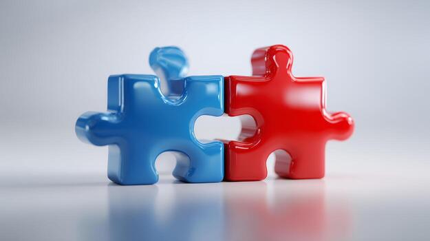 Two colorful puzzle pieces, one blue and one red, fitting together harmoniously against a soft, neutral background. photo