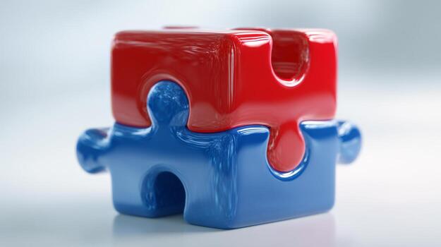 A vibrant red and blue puzzle piece stacked together, symbolizing teamwork and collaboration. photo
