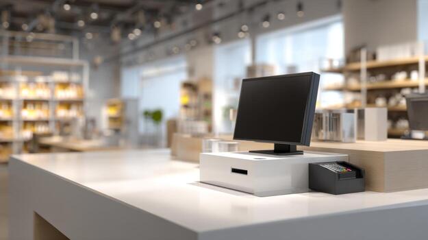 Modern checkout counter in a stylish retail environment with sleek computer monitor and payment terminal. photo