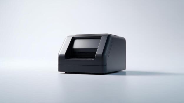A sleek black thermal printer on a minimalist background, showcasing modern technology in a professional setting. photo