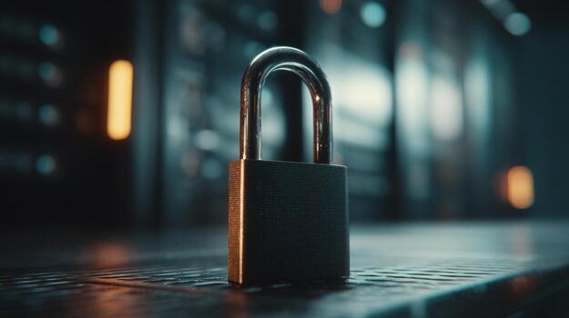 A close-up of a metallic padlock on a reflective surface, illuminated by warm light in a dark, high-tech environment. photo
