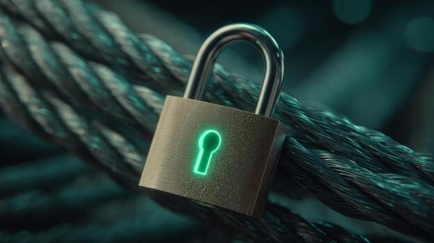 A glowing digital padlock secured on intertwined metallic cables, symbolizing cybersecurity and data protection. photo