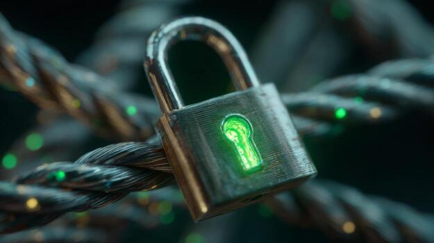 Glowing green padlock secured amidst twisted metallic cables, symbolizing data protection and security. photo