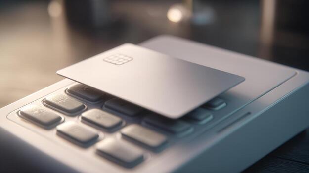 A close-up view of a card being tapped on a sleek contactless payment terminal. photo