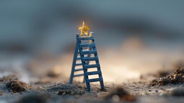 A miniature blue ladder leads to a shining golden star, symbolizing aspirations and dreams in a whimsical, dreamlike setting. photo